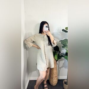Puro Lino 100%Linen Embroidered Button Up Tunic Beige 3/4 Sleeve lagenlook